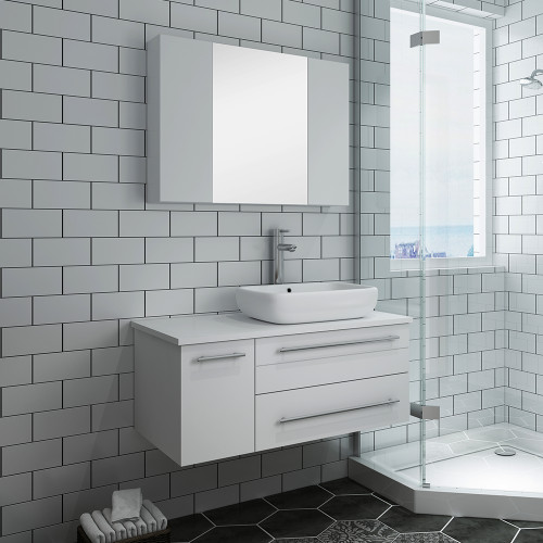 Lucera 36" White Wall Hung Vessel Sink Modern Bathroom Vanity w/ Medicine Cabinet - Right Version