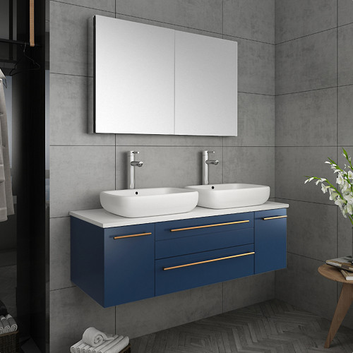 Lucera 48" Royal Blue Wall Hung Double Vessel Sink Modern Bathroom Vanity w/ Medicine Cabinet Lucera 48" Royal Blue Wall Hung Double Vessel Sink Modern Bathroom Vanity w/ Medicine Cabinet