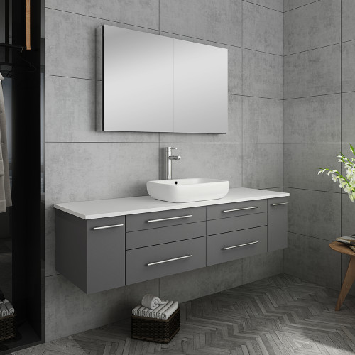 Lucera 60" Gray Wall Hung Single Vessel Sink Modern Bathroom Vanity w/ Medicine Cabinet Lucera 60" Gray Wall Hung Single Vessel Sink Modern Bathroom Vanity w/ Medicine Cabinet