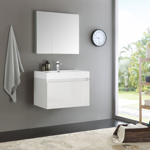 Mezzo 30" Wall Hung Modern Bathroom Vanity w/ Medicine Cabinet, FVN8007