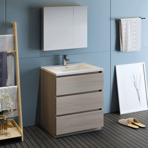 Lazzaro 30" Free Standing Modern Bathroom Vanity w/ Medicine Cabinet, FVN9330