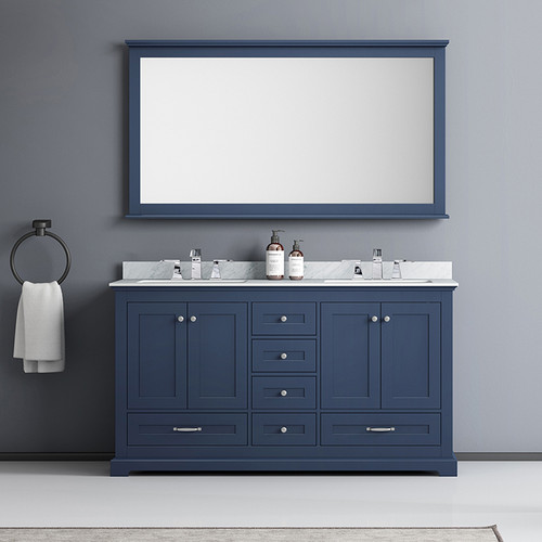 Dukes 60" Double Vanity, White Carrara Marble Top, White Square Sinks and 58" Mirror w/ Faucets Dukes 60" Double Vanity, White Carrara Marble Top, White Square Sinks and 58" Mirror w/ Faucets
