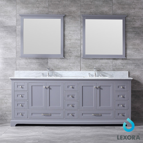Dukes 84" Double Vanity, White Carrara Marble Top, White Square Sinks and 34" Mirrors w/ Faucets Dukes 84" Double Vanity, White Carrara Marble Top, White Square Sinks and 34" Mirrors w/ Faucets