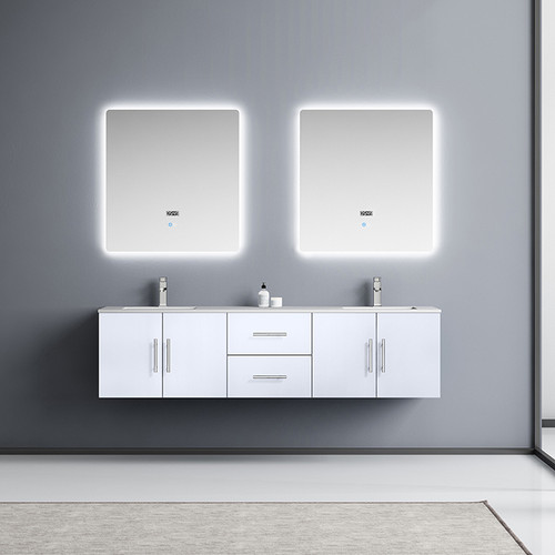 Geneva 72" Double Vanity, White Carrara Marble Top, White Square Sinks and 30" LED Mirrors w/ Faucets