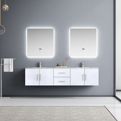 Geneva 80" Double Vanity, White Carrara Marble Top, White Square Sinks and 30" LED Mirrors Geneva 80" Double Vanity, White Carrara Marble Top, White Square Sinks and 30" LED Mirrors