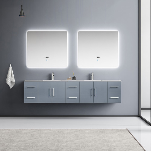 Geneva 84" Double Vanity, White Carrara Marble Top, White Square Sinks and 36" LED Mirrors w/ Faucets Geneva 84" Double Vanity, White Carrara Marble Top, White Square Sinks and 36" LED Mirrors w/ Faucets