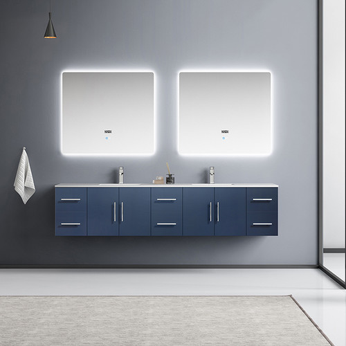 Geneva 84" Double Vanity, White Carrara Marble Top, White Square Sinks and 36" LED Mirrors Geneva 84" Double Vanity, White Carrara Marble Top, White Square Sinks and 36" LED Mirrors