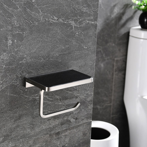 Bagno Bianca Stainless Steel Black Glass Shelf w/ Toilet Paper Holder - Brushed Nickel, LSP18152BN-BG