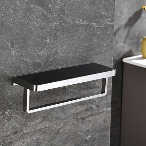 Bagno Bianca Stainless Steel Black Glass Shelf w/ Towel Bar - Chrome, LST18152PC-BG