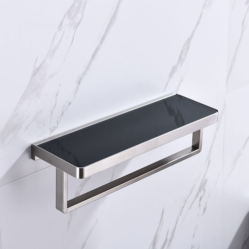 Bagno Bianca Stainless Steel Black Glass Shelf w/ Towel Bar - Brushed Nickel, LST18152BN-BG