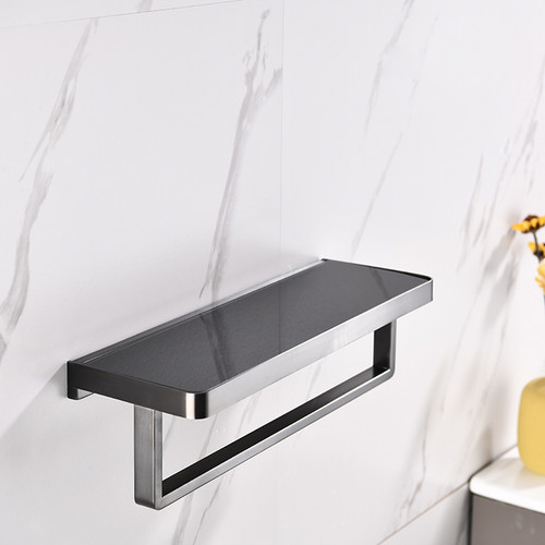 Bagno Bianca Stainless Steel Black Glass Shelf w/ Towel Bar - Gun Metal, LST18152GM-BG