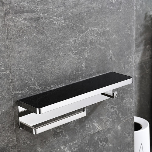 Bagno Bianca Stainless Steel Black Glass Shelf w/ Towel Bar & Robe Hook - Chrome, LSTR18152PC-BG