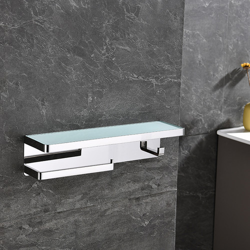 Bagno Bianca Stainless Steel White Glass Shelf w/ Towel Bar & Robe Hook - Chrome, LSTR18152PC-WG