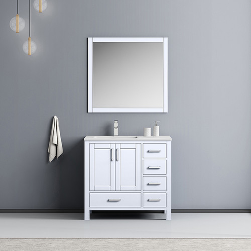 Jacques 36" Single Vanity, White Carrara Marble Top, White Square Sink and 34" Mirror w/ Faucet