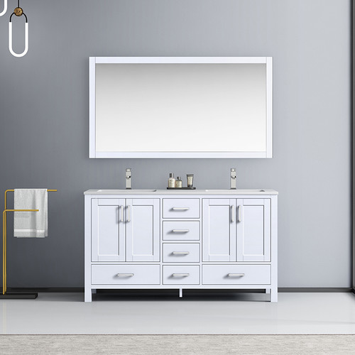 Jacques 60" Double Vanity, White Carrara Marble Top, White Square Sinks and 58" Mirror w/ Faucets Jacques 60" Double Vanity, White Carrara Marble Top, White Square Sinks and 58" Mirror w/ Faucets