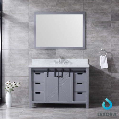 Marsyas 48" Single Vanity, White Carrara Marble Top, White Square Sink and 44" Mirror w/ Faucet Marsyas 48" Single Vanity, White Carrara Marble Top, White Square Sink and 44" Mirror w/ Faucet