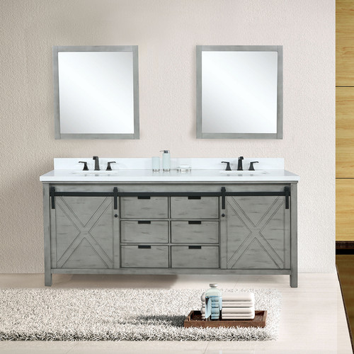Marsyas 84" Double Vanity, White Quartz Top, White Square Sinks and 34" Mirrors w/ Faucets