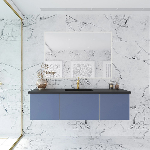 Vitri 60 - Nautical Blue Single Sink  Cabinet + Matte Black VIVA Stone Solid Surface Center Sink Countertop