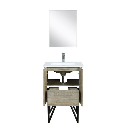 Lancy 24" Rustic Acacia Bathroom Vanity, White Quartz Top, White Square Sink, and 18" Frameless Mirror Lancy 24" Rustic Acacia Bathroom Vanity, White Quartz Top, White Square Sink, and 18" Frameless Mirror