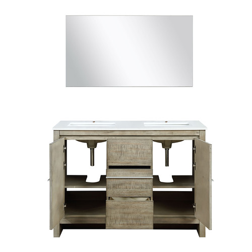 Lafarre 48" Rustic Acacia Double Bathroom Vanity, White Quartz Top, White Square Sink, and 43" Frameless Mirror Lafarre 48" Rustic Acacia Double Bathroom Vanity, White Quartz Top, White Square Sink, and 43" Frameless Mirror