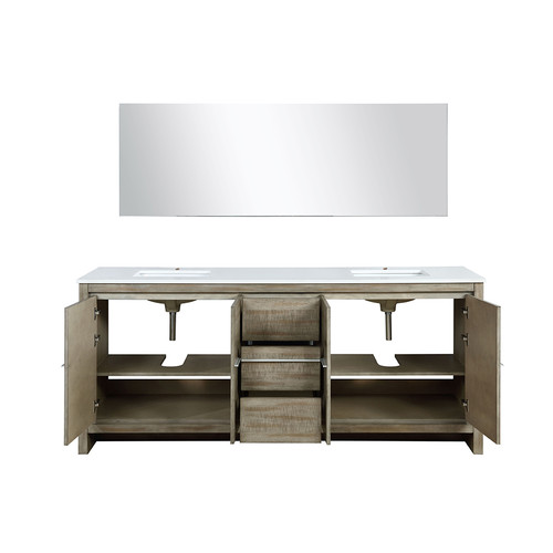 Lafarre 80" Rustic Acacia Double Bathroom Vanity, White Quartz Top, White Square Sinks, and 70" Frameless Mirror Lafarre 80" Rustic Acacia Double Bathroom Vanity, White Quartz Top, White Square Sinks, and 70" Frameless Mirror