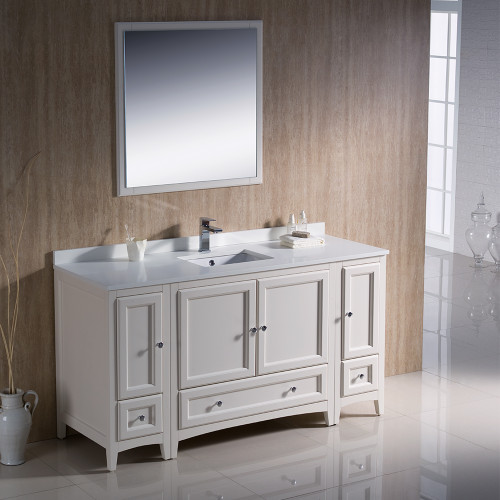 Oxford 60" Traditional Bathroom Vanity with 2 Side Cabinets in Antique White Oxford 60" Traditional Bathroom Vanity with 2 Side Cabinets in Antique White