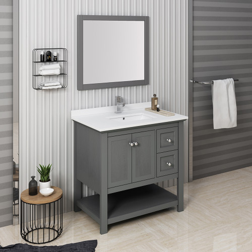 Manchester Regal 36" Gray Wood Veneer Traditional Bathroom Vanity w/ Mirror Manchester Regal 36" Gray Wood Veneer Traditional Bathroom Vanity w/ Mirror