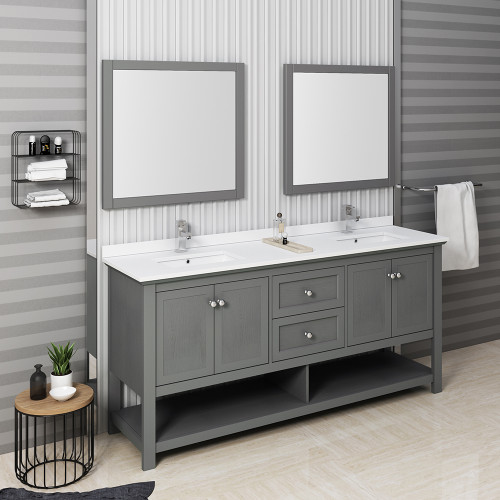 Manchester Regal 72" Gray Wood Veneer Traditional Double Sink Bathroom Vanity w/ Mirrors Manchester Regal 72" Gray Wood Veneer Traditional Double Sink Bathroom Vanity w/ Mirrors