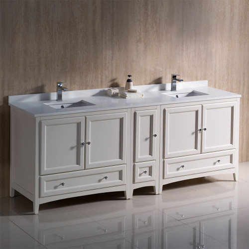 Oxford 84" Antique White Traditional Double Sink Bathroom Cabinets w/ Top & Sinks