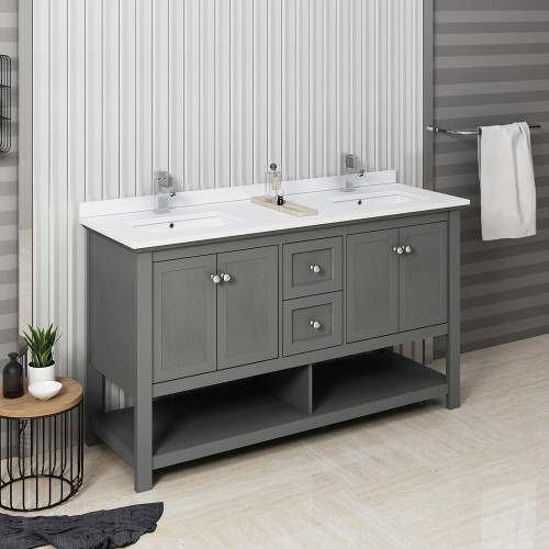 Manchester Regal 60" Gray Wood Veneer Traditional Double Sink Bathroom Cabinet w/ Top & Sinks Manchester Regal 60" Gray Wood Veneer Traditional Double Sink Bathroom Cabinet w/ Top & Sinks