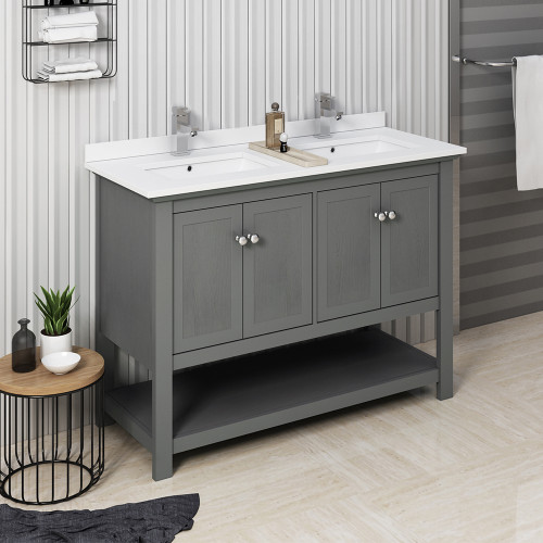 Manchester Regal 48" Gray Wood Veneer Traditional Double Sink Bathroom Cabinet w/ Top & Sinks Manchester Regal 48" Gray Wood Veneer Traditional Double Sink Bathroom Cabinet w/ Top & Sinks
