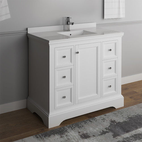 Windsor 40" Matte White Traditional Bathroom Cabinet w/ Top & Sink Windsor 40" Matte White Traditional Bathroom Cabinet w/ Top & Sink