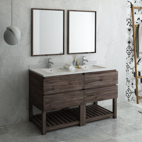 Formosa 60" Floor Standing Dbl Sink Modern Bathroom Vanity w/ Open Bottom & Mirrors Formosa 60" Floor Standing Dbl Sink Modern Bathroom Vanity w/ Open Bottom & Mirrors