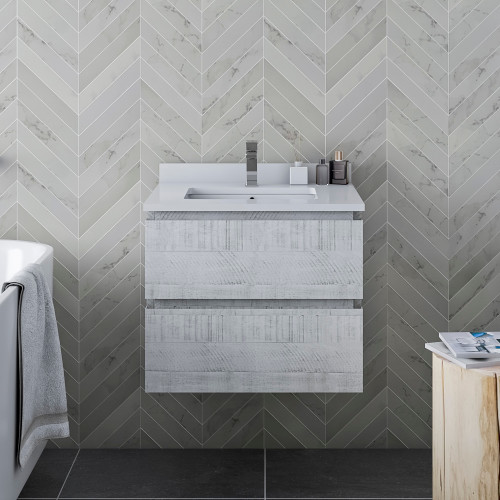 Formosa 24" Wall Hung Modern Bathroom Cabinet w/ Top & Sink in Rustic White