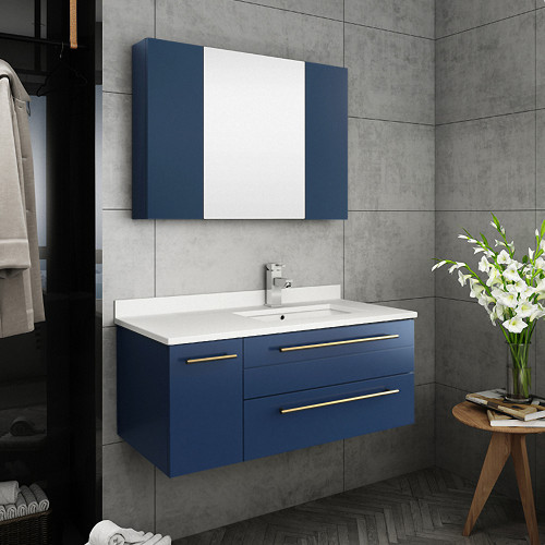 Lucera 36" Royal Blue Wall Hung Undermount Sink Modern Bathroom Vanity w/ Medicine Cabinet - Right Version Lucera 36" Royal Blue Wall Hung Undermount Sink Modern Bathroom Vanity w/ Medicine Cabinet - Right Version