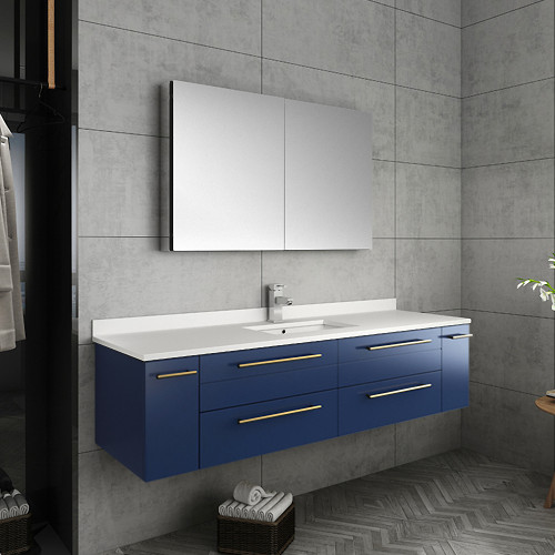 Lucera 60" Royal Blue Wall Hung Single Undermount Sink Modern Bathroom Vanity w/ Medicine Cabinet Lucera 60" Royal Blue Wall Hung Single Undermount Sink Modern Bathroom Vanity w/ Medicine Cabinet