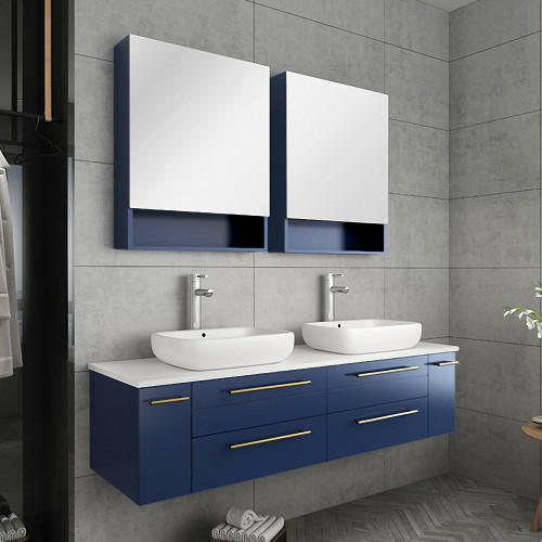 Lucera 60" Royal Blue Wall Hung Double Vessel Sink Modern Bathroom Vanity w/ Medicine Cabinets Lucera 60" Royal Blue Wall Hung Double Vessel Sink Modern Bathroom Vanity w/ Medicine Cabinets