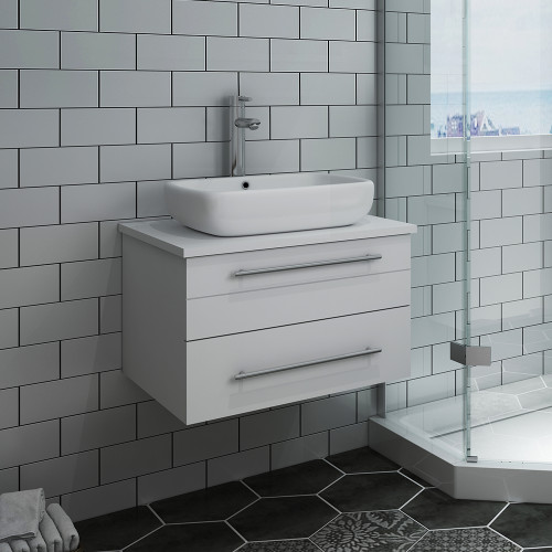 Lucera 24" White Wall Hung Modern Bathroom Cabinet w/ Top & Vessel Sink