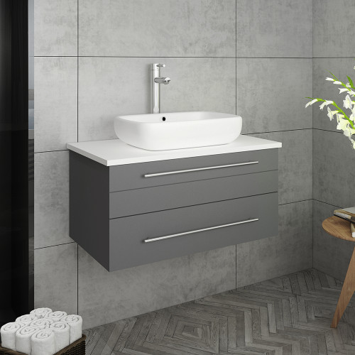 Lucera 30" Gray Wall Hung Modern Bathroom Cabinet w/ Top & Vessel Sink