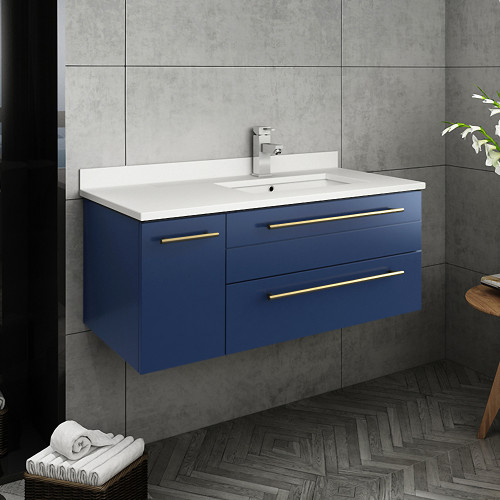 Lucera 36" Royal Blue Wall Hung Modern Bathroom Cabinet w/ Top & Undermount Sink - Right Version Lucera 36" Royal Blue Wall Hung Modern Bathroom Cabinet w/ Top & Undermount Sink - Right Version