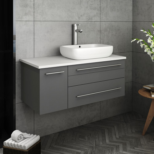 Lucera 36" Gray Wall Hung Modern Bathroom Cabinet w/ Top & Vessel Sink - Right Version