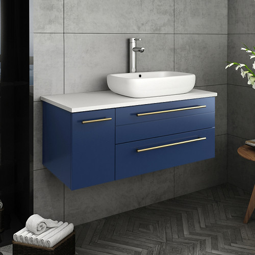 Lucera 36" Royal Blue Wall Hung Modern Bathroom Cabinet w/ Top & Vessel Sink - Right Version