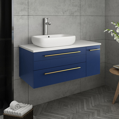 Lucera 36" Royal Blue Wall Hung Modern Bathroom Cabinet w/ Top & Vessel Sink - Left Version