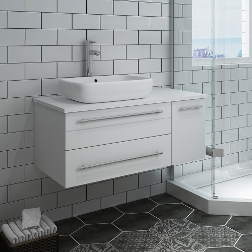 Lucera 36" White Wall Hung Modern Bathroom Cabinet w/ Top & Vessel Sink - Left Version