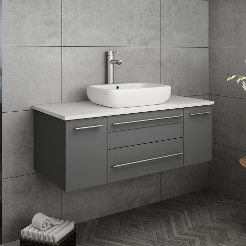 Lucera 42" Gray Wall Hung Modern Bathroom Cabinet w/ Top & Vessel Sink