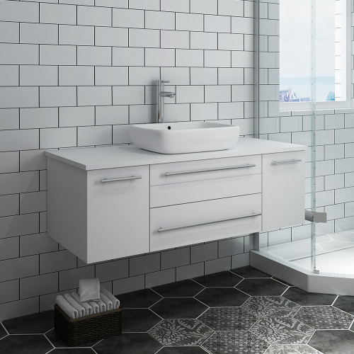 Lucera 48" White Wall Hung Modern Bathroom Cabinet w/ Top & Vessel Sink