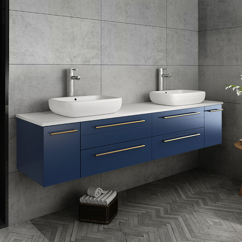 Lucera 72" Royal Blue Wall Hung Modern Bathroom Cabinet w/ Top & Double Vessel Sinks