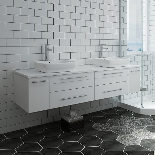 Lucera 72" White Wall Hung Modern Bathroom Cabinet w/ Top & Double Vessel Sinks Lucera 72" White Wall Hung Modern Bathroom Cabinet w/ Top & Double Vessel Sinks