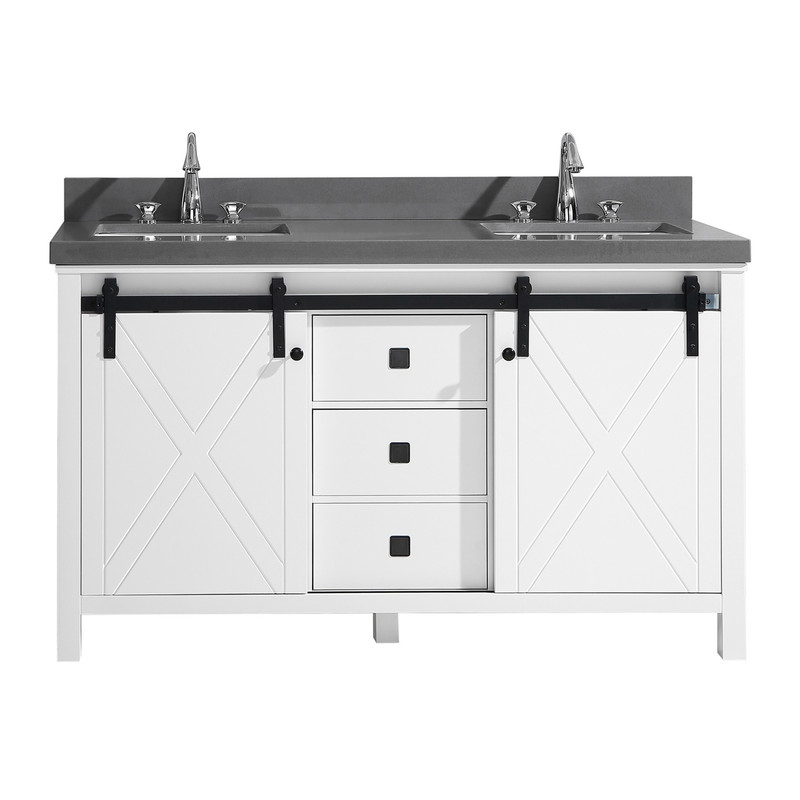 Marsyas Veluti 60" Double Vanity, Grey Quartz Top, White Square Sinks and No Mirror