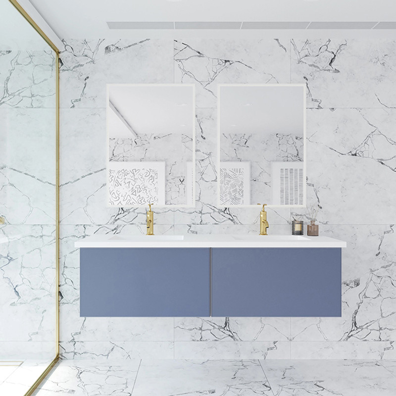 Vitri 60 - Nautical Blue Double Sink  Cabinet + Matte White VIVA Stone Solid Surface Double Sink Countertop